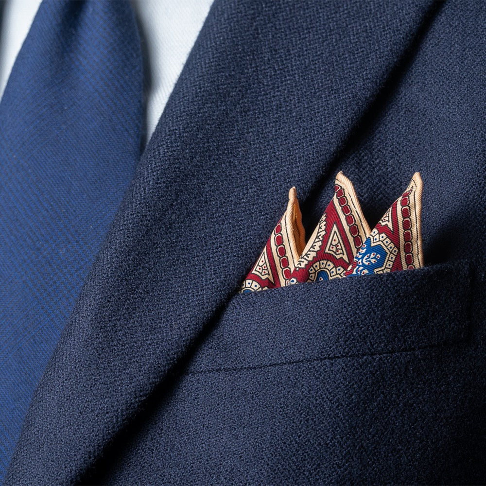 Navy Blue Silk Wool Pocket Square with Printed geometric medallions in  green, blue and orange with