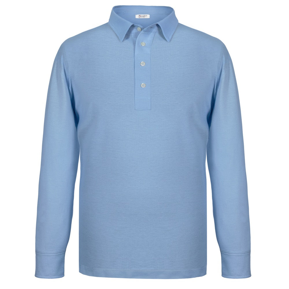 Light Blue Long Sleeved Cotton Pique Polo Shirt