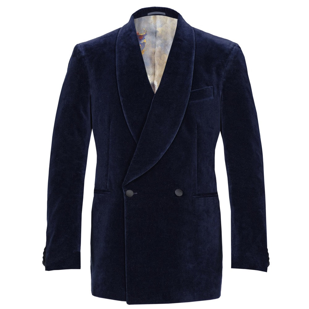 Navy Blue Double Breasted Velvet Smoking Jacket